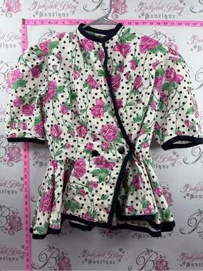 JACKIE BERNARD blouse Cream Peplum vintage Pink Floral Print Black Trim pin up
